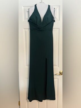 Elegant Deep Green Gown with Front Slit and Open Back